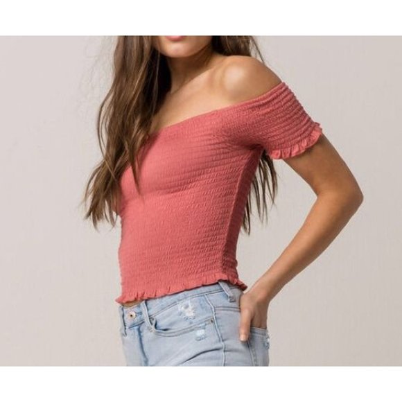 BUNDLE Off-The-Shoulder Tops Grey Wrap Terracotta Pink Coral Smocked Blouse XS - Picture 5 of 13